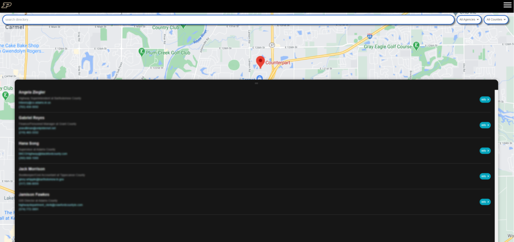 Image of App with map background and list of contacts in a black box.